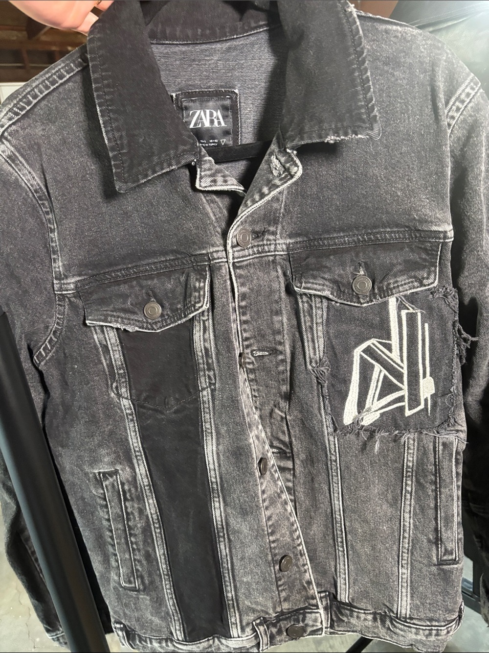 ZARA Men’s Black Washed Denim Jacket with Patch Detail